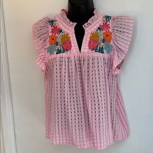 THML Pink Checkered Blouse with Floral Embroidery XS